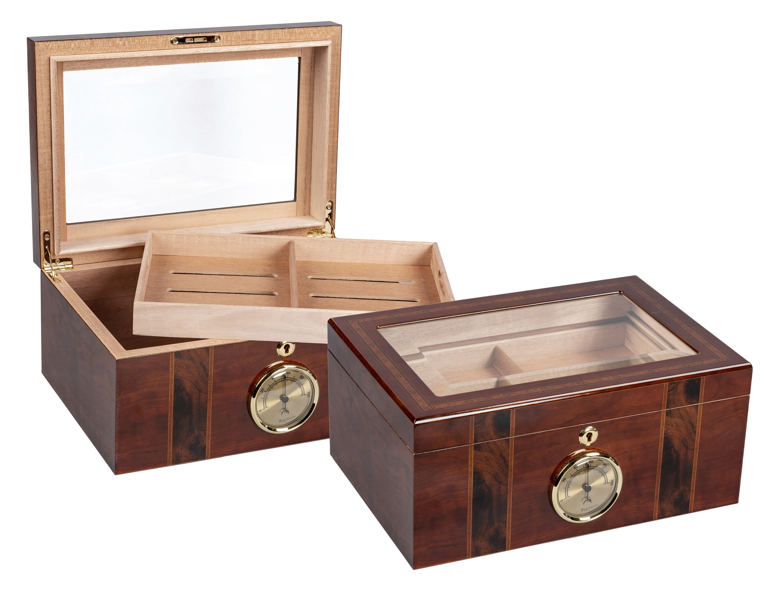 Ambassador Beveled Glass Top Cigar Humidor - High Gloss Dark Mahogany Finish - Capacity: 100