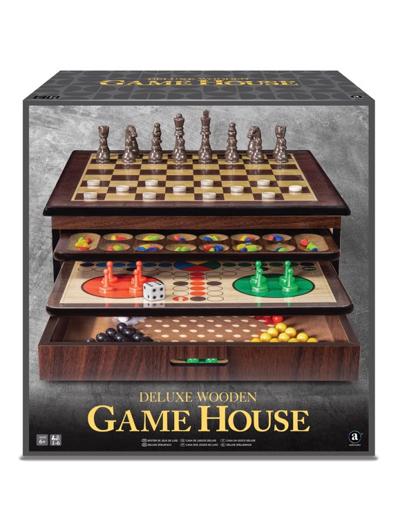 Craftsman Deluxe Wooden Game House W/ Chess, Checkers, Backgammon, Mancala, Snakes & Ladders and more, kids 6+