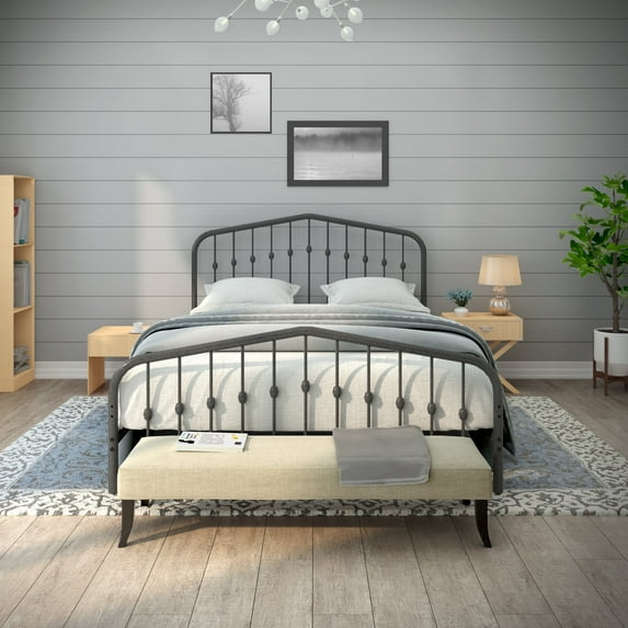 AMBEE21 Washington Queen Metal Bed Frame with Headboard and Footboard Platform/Wrought Iron/Heavy Duty/Metal Slat/Grey Silver/No Box Spring Needed
