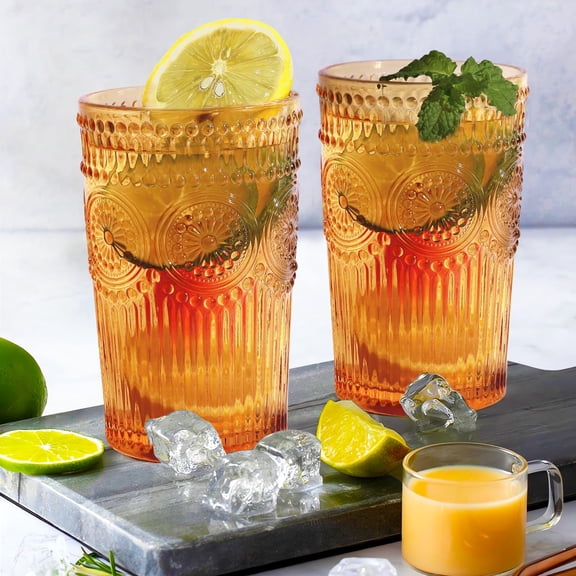 Amber 12 Oz Highball Tumblers, Embossed Ribbed Sunflower Pattern Drinkware