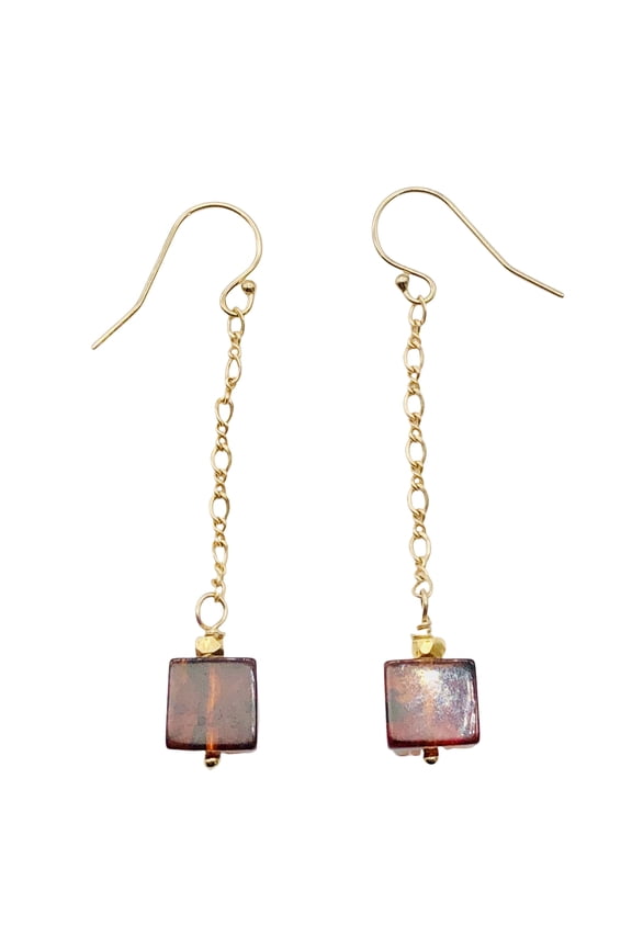 Amber 14K Gold Filled Cube Bead Earrings | 2 1/2" Long | Red | 1 Pair |