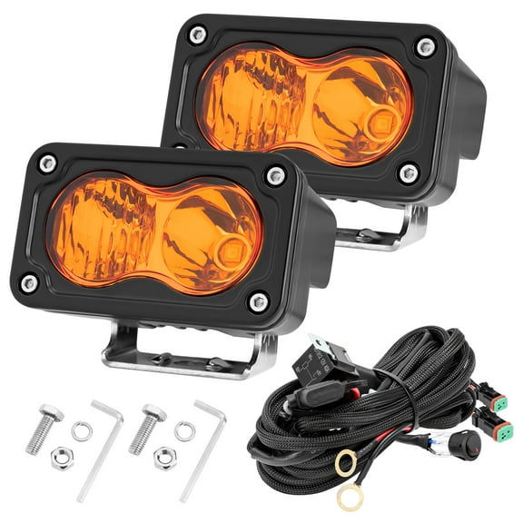 Amber 3 Inch LED Pods with Wiring Harness, 2PCS 40W Spot Beam LED Fog Auxiliary Driving Light Pods Small Offroad Backup Ditch Cubes Light Motorcycle Mini Pods for Truck Dirt Bike UTV ATV Surron