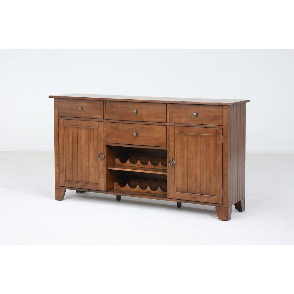 Rustic Amber Transitional 66" Solid Hardwood Sideboard with Wine Storage