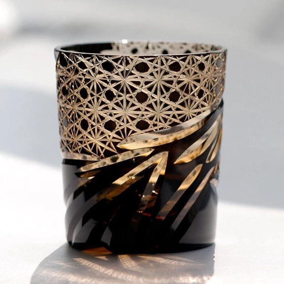Amber Black Crystal Glass Whisky Glass, Edo Kiriko Crystal Whiskey Glass 9.5oz Hand Cut Clear