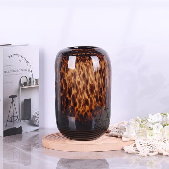 Amber Brown Glass Vase – Round Art Glass Vase with Tortoise Shell Pattern, Hand Blown Wide Mouth Decorative Centerpiece for Living Room, Dining Table or Entryway Home Decor