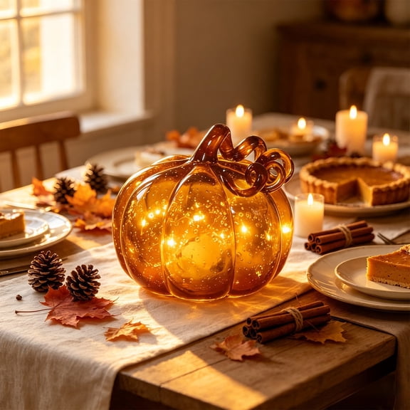 Amber Bubble Hand Blown Glass Pumpkin Light, 7.87x7.87 Inch Battery Powered LED Light Up Pumpkin with Curly Glass , Desktop Decor for Fall Halloween Thanksgiving Harvest