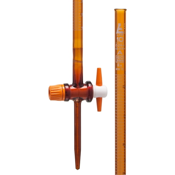 Amber Burette, 10mL - With PTFE Key Stopcock - Class A, ?0.03mL Tolerance - White Scale, 0.05mL Graduations - Borosilicate Glass - Eisco Labs