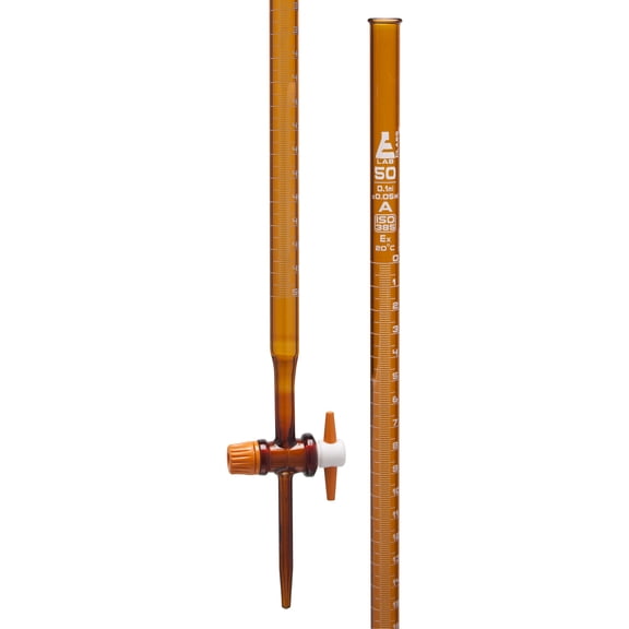 Amber Burette, 50mL - With PTFE Key Stopcock - Class A, 0.05mL Tolerance - White Scale, 0.1mL Graduations - Borosilicate Glass - Eisco Labs