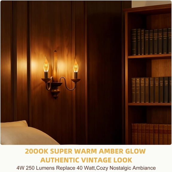 Amber Candelabra Light Bulbs 40watt Equivalent, 4W Ultra-Fine LED Filament E12 Small Base, Dimmable 2000k Warm Light, Candle Ca10 Chandelier Light Bulbs for Ceiling Fan,Chandelier, 6 Pack