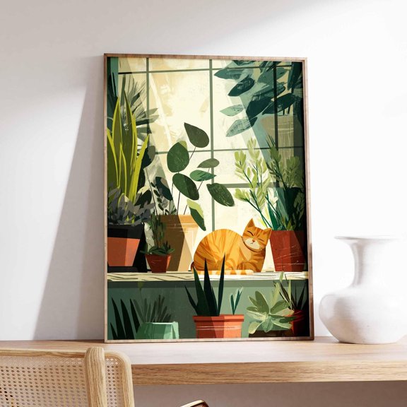 Amber Cat Wall Art Modern Botanical Cozy Animal Plant Illustration, Stretched Canvas 8x10in