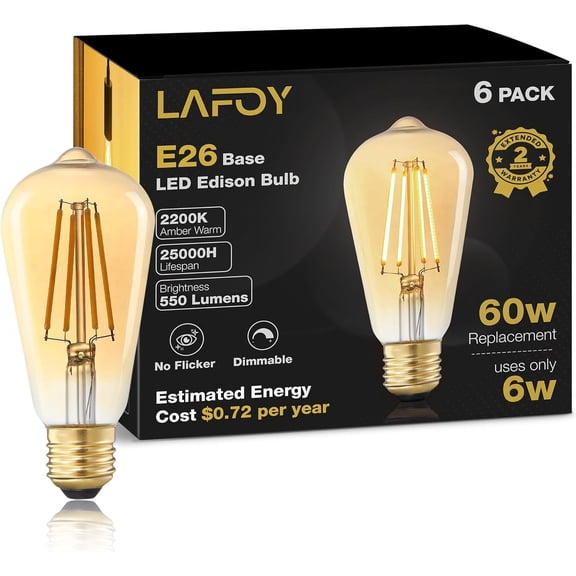 Amber Edison Light Bulbs 2200K Soft Warm, E26 LED Bulb 60 Watt Equivalent, 6W ST58 Teardrop Antique Style 60W Replacement, 550 Lumen Medium Base Lightbulbs, 120V 6 Pack