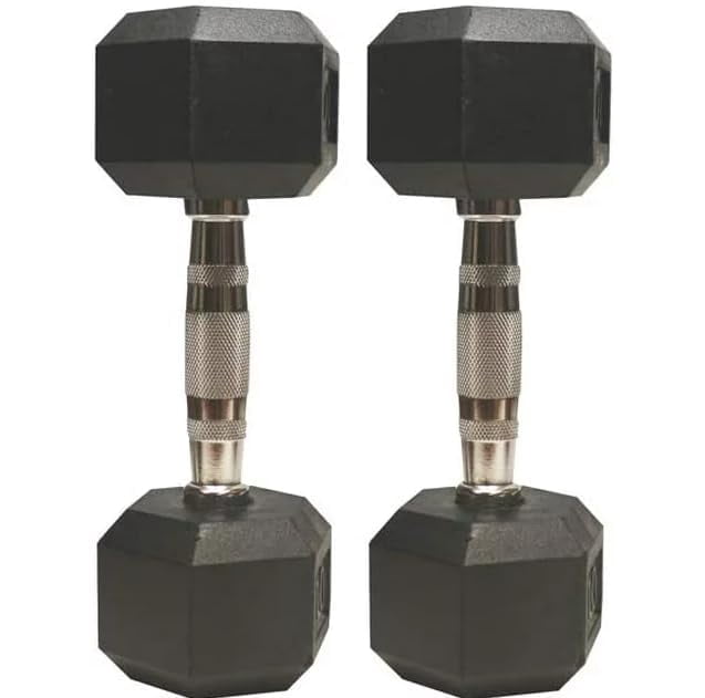 Barbell Rubber encased Hex Dumbbell Weights with Metal Handles for Strength Training, Full Body Workout. Sold as a Pairs, 60 LB