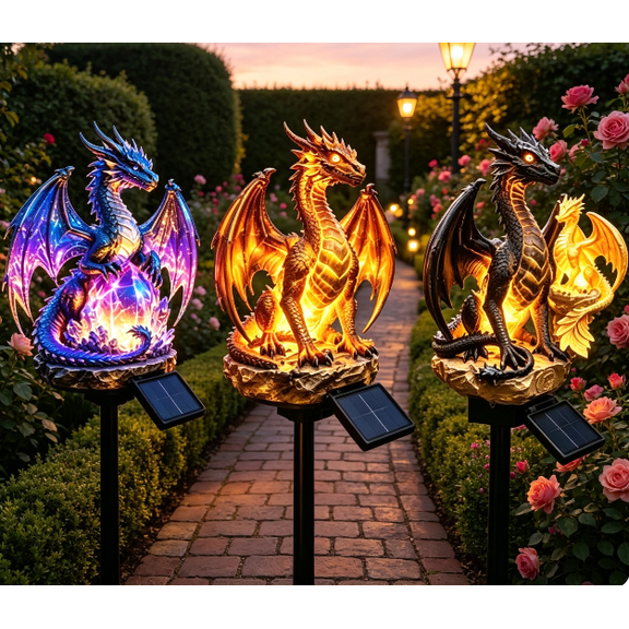 Amber Fire Dragon Weatherproof Solar Garden Stake Light, Decorative Lamp for Patio Path Front Porch