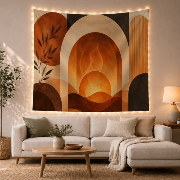 Amber Flames in a Rust-Colored Arch with Layered Hills, Moody Boho for Cozy Decor Enthusiasts, Mid-Century Wall Art Decor, Housewarming Gift, Tapestry Wall Hanging for Living Room and Bedroom