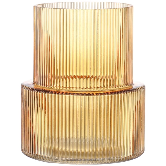 Amber Fluted Ribbed Glass Vase - 7.5 Inch Tall Vase for Fresh Flowers, Centerpiece Decor for Wedding, Living Room, Dining Table, Office