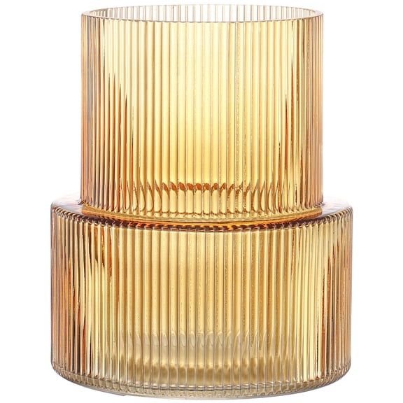 Amber Fluted Ribbed Glass Vase - 7.5 Inch Tall Vase for Fresh Flowers, Centerpiece Decor for Wedding, Living Room, Dining Table, Office