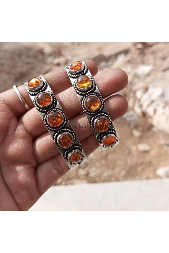 Amber Gemstone 925 Sterling Silver Plated HandmadeBangle 5 pcs