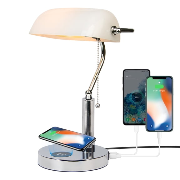 White Glass Bankers Desk Lamp with Wireless Charging,14.96"H, Silver Finish(Bulb Not Included)