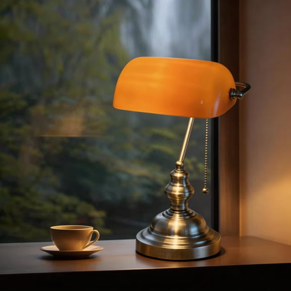Amber Glass Bankers Desk Lamp,14.17"H,Bronze Finish Base(E26 Socket, Bulb Not Included)