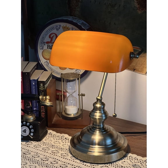 Amber Glass Bankers Desk Lamp,14.17"H,Bronze Finish Base(E26 Socket, Bulb Not Included)