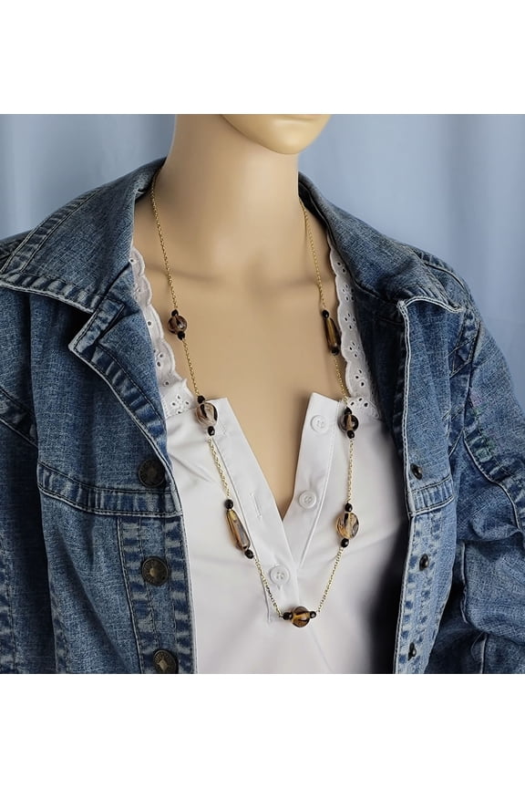 Amber Glass & Black Beaded Gold Tone Chain Necklace 32" Made In India Ladies Adult Female Women