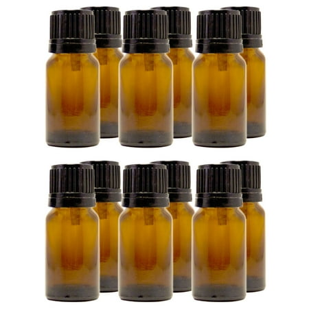 Amber Glass Bottle - 10 ml (1/3 fl oz) w/ Euro Dropper & Tamper-Evident Cap - Pack of 12