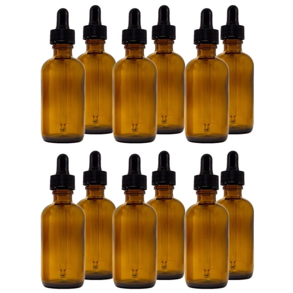 Amber Glass Bottle - 2 fl oz w/ Glass Dropper - Pack of 12