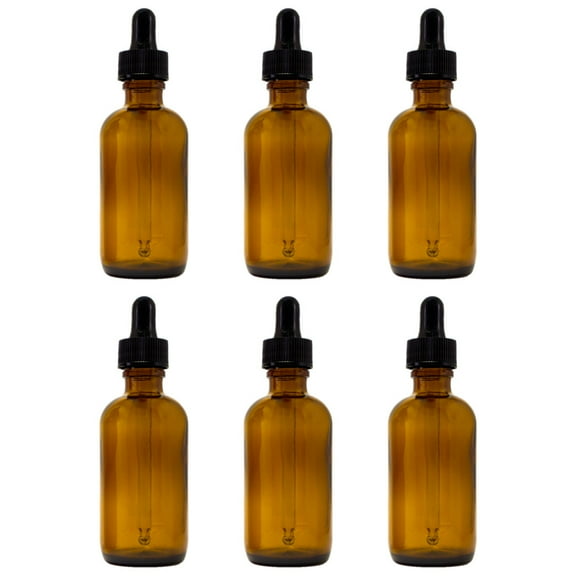 Amber Glass Bottle - 2 fl oz w/ Glass Dropper - Pack of 6