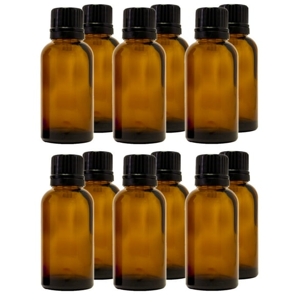Amber Glass Bottle - 30 ml (1 fl oz) w/ Euro Dropper & Tamper-Evident Cap - Pack of 12