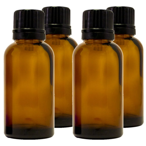 Amber Glass Bottle - 30 ml (1 fl oz) w/ Euro Dropper & Tamper-Evident Cap - Pack of 4
