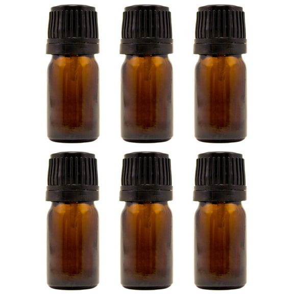Amber Glass Bottle - 5 ml (1/6 fl oz) w/ Euro Dropper & Tamper-Evident Cap - Pack of 6