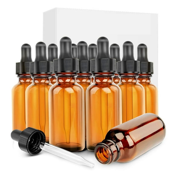 Plastic Bottles 1 oz / 30 ml Amber Pack of 12 with Child-Resistant Droppers Best for Essential Oils and Liquids by Sponix BioRx