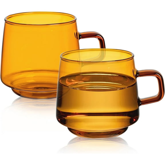 Amber Glass Coffee Mugs Set of 2-10 oz Glass Stackable Coffee Cups with Handle - Colored Tea Cups Drinking Glasses for Espresso, Cappuccino, Latte, Tea, Milk