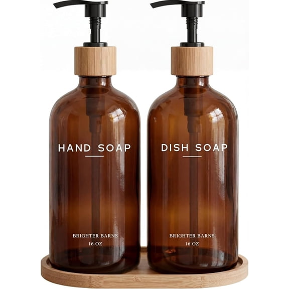Amber Glass Hand and Dish Soap Dispenser Set by - Kitchen Soap Dispenser Set with Tray - Bamboo Pump Bottles for Kitchen Sink - Modern Home Decor, Neutral Decor for Airbnb, Gift (Amber)