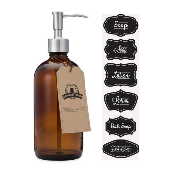 Amber Glass Jar Soap and Lotion Dispenser with Stainless Steel Pump - 16 oz - by Jarmazing Products
