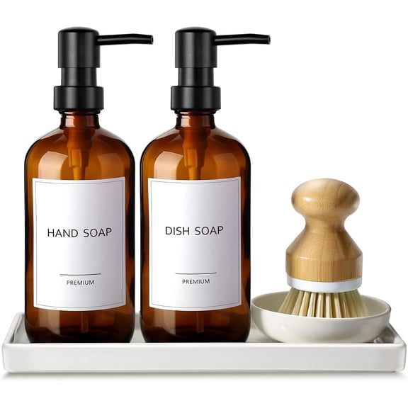 Amber Glass Kitchen Soap Dispenser Set with Ceramic Tray and Bamboo Brush, 2-Pack, 16 Oz Refillable Pump Bottles