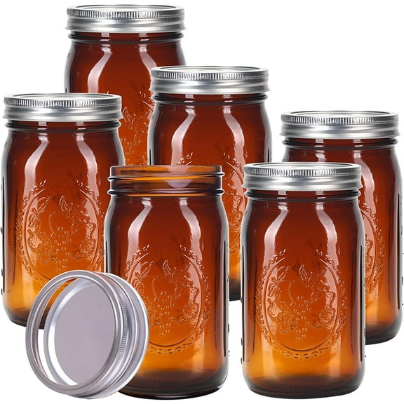 Amber Glass Mason Jars 32 oz Wide Mouth 6 Pack,Amber Quart Canning Jars with Airtight Lids and Bands for for Canning, Freezing, Fermenting,Preserving, Beverages & Jar Decor