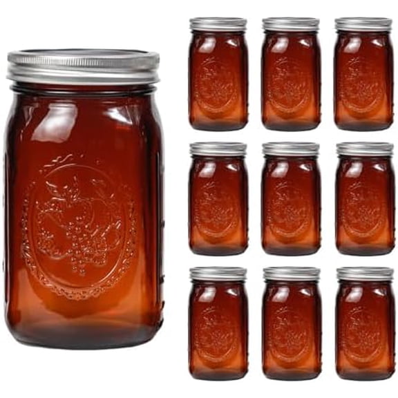 Amber Glass Mason Jars, 32oz Wide Mouth Jars 12 Pcs, Air Tight, Leak Resistant, Large Canning Jars, Quart Mason Jars for Canning, Storing Food, Spices, Meal Prep and Overnight Oats