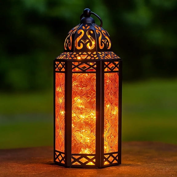 Moroccan Metal Candle Lantern Holder with LED Fairy String Lights, Medium, Amber