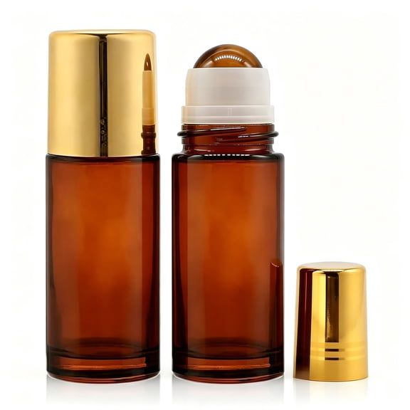 Amber Glass Roll on Bottles, Rose Quartz Roller Ball Applicator for Essential Oils Perfume, Refillable Empty Deodorant Container,1pc, 50ml