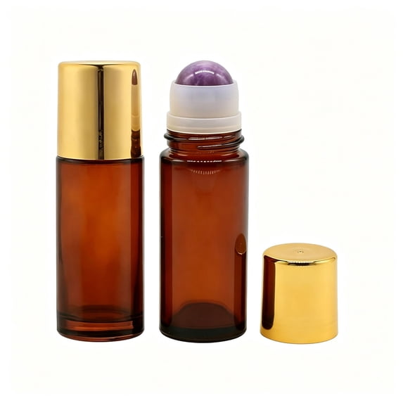 Amber Glass Roll on Bottles, Rose Quartz Roller Ball Applicator for Essential Oils Perfume, Refillable Empty Deodorant Container,1pc, 50ml