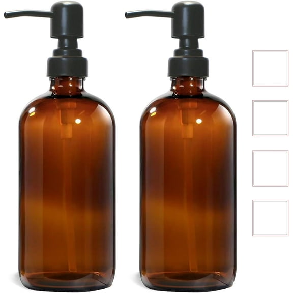 Amber Glass Soap Dispenser, 2 Pack Hand Soap Dispenser with Stainless Steel Pump for Bathroom and Kitchen, 16 oz, Premium Glass Pump Bottles