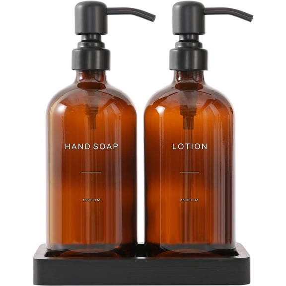 Amber Glass Soap Dispenser Set, Hand Soap and Lotion Set with Black Stainless Steel Pump, Perfect for Modern Bathroom Decor. (Amber)