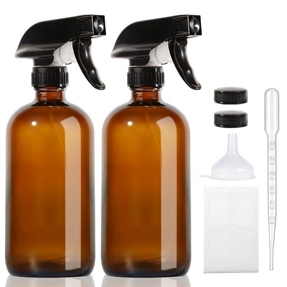Amber Glass Spray Bottles 2 Pack, 16 oz Refillable Empty Spray Bottle for Cleaning, Essential Oils, Hair, Plants, Adjustable Nozzle for Squirt and Mist, Bleach/Vinegar/Rubbing Alcohol Safe