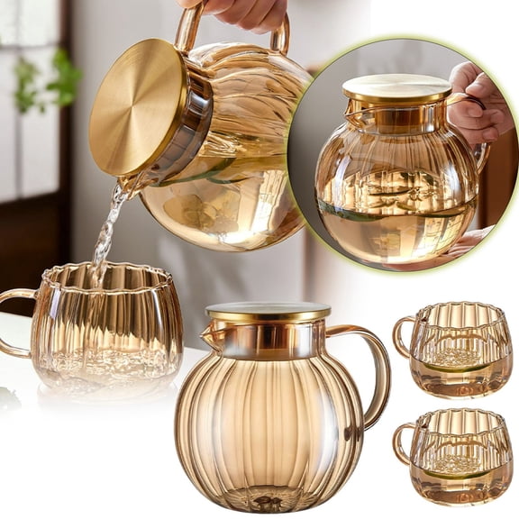 Amber Glass Water Pitcher 1300ml, High Borosilicate Glass Cold Water Jug, Large Capacity Household Infuser Pitcher For Iced Tea Or Cooled Boiled Water, Heat Resistant Fridge Carafe,Gold