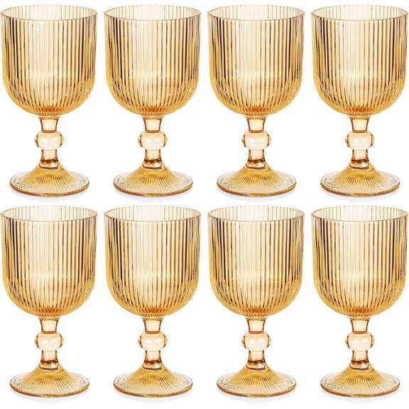 Amber Goblet Fluted Drinking Glasses Set of 8,13oz | Vintage Glassware for Water Juice Iced Coffee Cocktail, Colored Drinkware Ribbed, for Party Home Bar Wedding