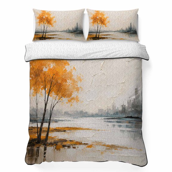 Amber Gold Trees 3 Piece Quilt Bedding Set with 2 Pillow Shams, Rustic Mountains Lake Reflection Landscape Lightweight Bedspread Coverlet, Soft Breathable All Season Quilt, 79 x 90 Inch
