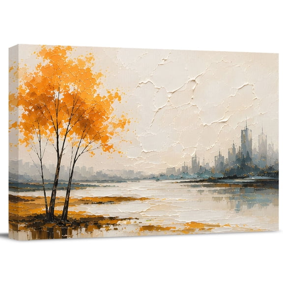Amber Gold Trees Canvas Print Wall Art, Rustic Mountains Lake Reflection Landscape Wall Decor Modern Artwork Paintings Pictures for Living Room Stretched and Framed Ready to Hang - 24" x 32"