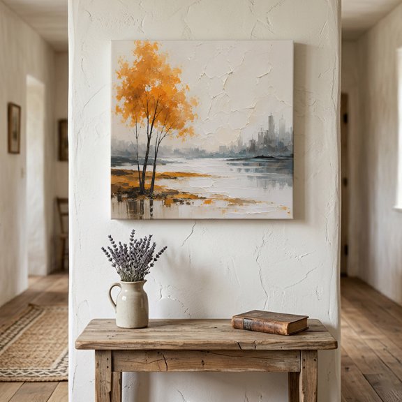 Amber Gold Trees Canvas Wall Art for Living Room Bedroom Bathroom, Rustic Mountains Lake Reflection Landscape Canvas Art Wall Decor, Artwork for Walls Home Office Decor, 10"x10"