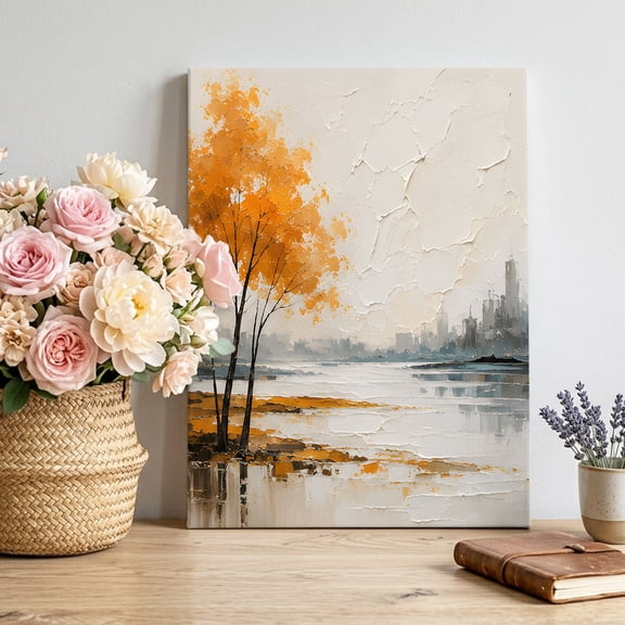 Amber Gold Trees Canvas Wall Art, Rustic Mountains Lake Reflection Landscape Framed Canvas Wall Decor Picture Print Artwork Decorations for Living Room Office Ready to Hang 24" x 20"
